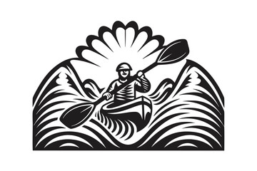 Kayaker Paddling Boat on Water Waves Art White Background Design