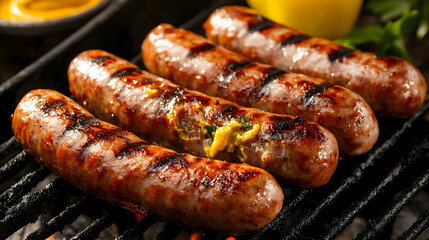 Juicy sausage links sizzling on a grill charred, Juicy food