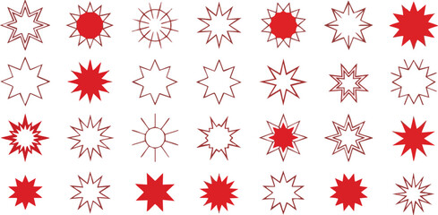 Collection of red and outlined starburst graphic design elements.