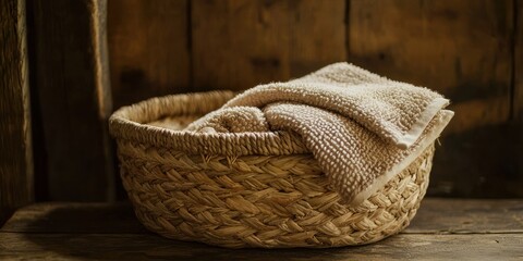 Obraz premium A woven basket filled with a soft, beige towel rests on a weathered wooden surface. The basketâ€™s intricate weave is visible, and the towel is neatly folded within. 