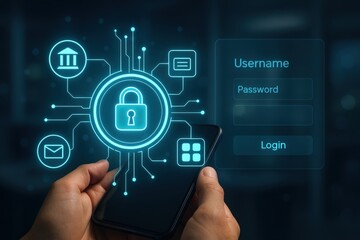 A hand holds a smartphone displaying a secure login interface with a prominent lock icon, highlighting digital security and access.