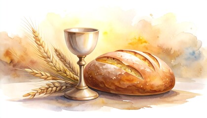 Watercolor bread and wine