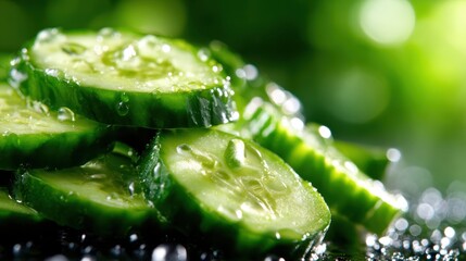 These fresh cucumber slices glistening with water droplets showcase their vibrant green color in a close-up shot, celebrating the refreshing essence of healthy and natural food.