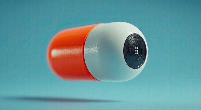 3D rendered medical capsule with futuristic design.  A vibrant orange and white capsule, seemingly levitating, boasts a black, circular, detailed component on its top half