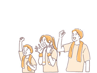 首にタオルをかけて観戦する若い男性と、女性、男の子