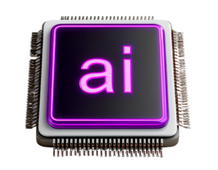 3D artificial intelligence chip icon with "AI", isolated on a transparent background, PNG
