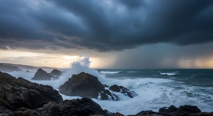 Obraz premium Stormy Ocean Waves Crashing Against Rocks at Sunset.