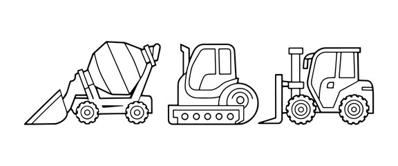 Construction vehicles lined up for a project at a building site during daylight