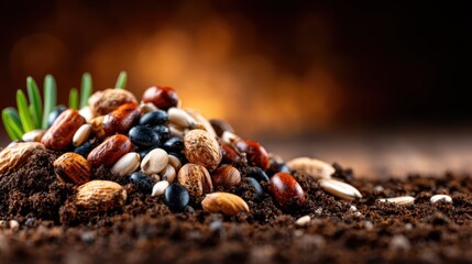 A vibrant assortment of various seeds is artistically arranged on a bed of nutrient-rich, dark soil, symbolizing growth, potential, and the beginning of new life.