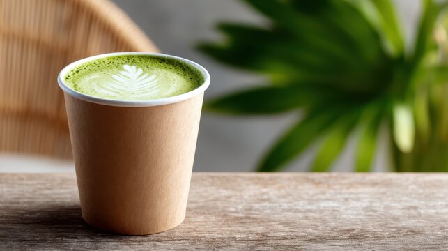A visually pleasing matcha latte served in a paper cup, showcasing intricate leaf art created from frothy milk, inviting you to enjoy a refreshing and artistic beverage experience.
