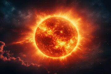 Vivid depiction of the sun emitting bright solar flares, set against a dark, cloudy sky during sunset hours