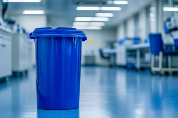 A bright blue waste container sits in a clean, well-lit lab, highlighting neatness and organization