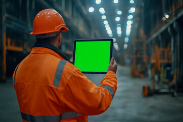 A worker dressed in orange safety gear stands inside a large industrial warehouse, holding a tablet with a blank green screen