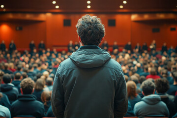 A speaker stands before an engaged audience at a conference, delivering an impactful message in a well-lit auditorium