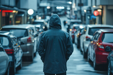 A person in a hoodie looks down a narrow street lined with parked cars, while city lights begin to glow in the evening twilight