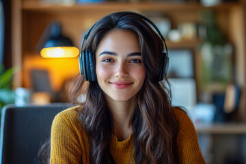 A young woman enjoys listening to music, displaying a cheerful expression in a comfortable and well-lit workspace filled with greenery