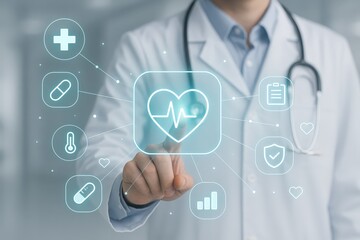 A medical professional interacts with a digital interface displaying various health-related icons, including a heart rate monitor, pills, thermometer, and a checklist.