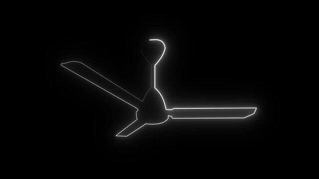 Fan neon Glowing vertical neon ceiling fan icon black background animation.Glowing neon Electric fan icon on black background.4k video.