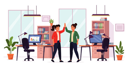 Fototapeta premium Two smiling businesswomen give a high five in a modern, brightly lit office, celebrating success and teamwork.
