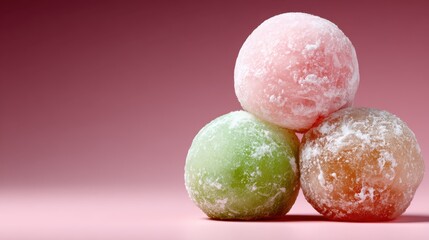 Three round frozen dessert balls in vibrant colors sit on a soft background, presenting an enticing visual treat that appeals to dessert lovers and sweet cravings.