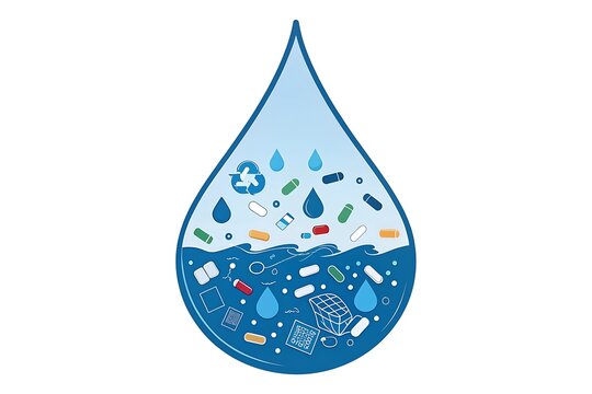 Illustration of a water drop filled with various pills and medical waste with recycling symbol pollution - Powered by Adobe