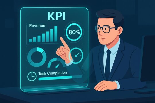 A businessperson examines key performance indicators displayed on a glowing holographic interface, emphasizing progress, revenue, and task completion metrics in a modern workplace setting.
