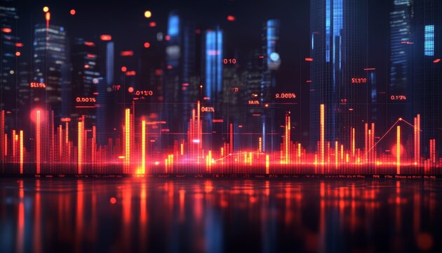 Dynamic Financial Data Visualization with Red and Orange Graphics Depicting Stock Market Trends