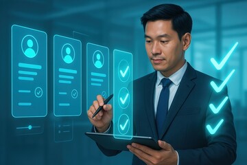 A business professional reviews digital profiles, highlighting qualified candidates with glowing blue checkmarks.