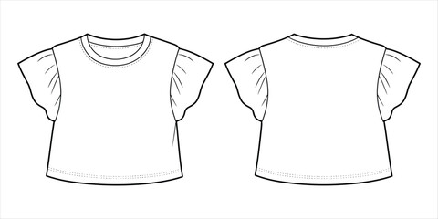 Fashion flat sketches of a short sleeve t-shirt with ruffled cap sleeves drawing technical © rayhan039