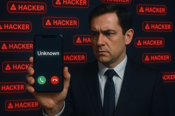 A man in a business suit holds a smartphone displaying an "unknown" caller ID with a call in progress, against a backdrop of repeated "hacker" logos.
