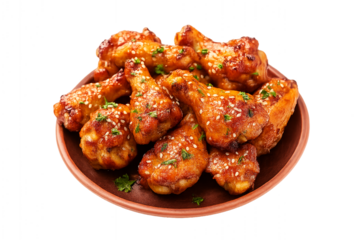 Deliciously glazed crispy chicken drumsticks and wings covered in sweet spicy sauce garnished with sesame seeds and parsley