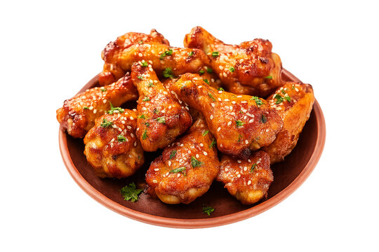Deliciously glazed crispy chicken drumsticks and wings covered in sweet spicy sauce garnished with sesame seeds and parsley