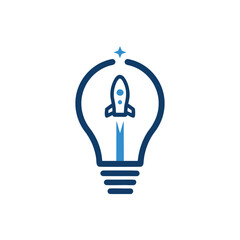 Creative Blue Rocket Inside Idea Lightbulb on White