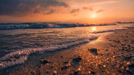 Panoramic tropical beach with soft sea sand, calm ocean waves, and golden-orange sunset horizon, serene summer seascape inspiring relaxation and tranquility
