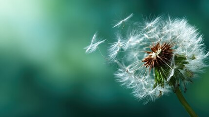 Fototapeta premium A close-up of a dandelion puff in bloom, with delicate seeds ready to disperse, encapsulating the beauty of nature and the fleeting moments of life in a soft, dreamy background.