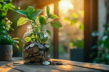 A jar filled with coins and a green plant showcases the concept of financial growth in a beautifully lit indoor setting at sunset