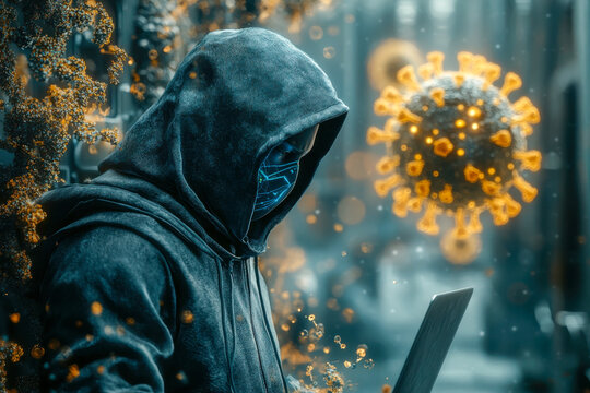 A cloaked figure with a digital representation for a face interacts with a laptop while surrounded by floating virus illustrations