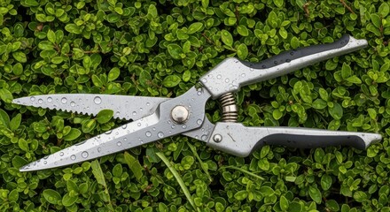 Obraz premium Gardening shears resting on a green hedge with water droplets