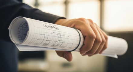 Architect holding rolled up blueprints in his hand