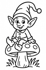 Coloring book for children, gnome elf sits on a mushroom.