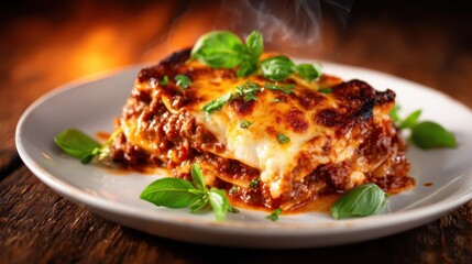 A mouth-watering serving of hot lasagna, layered with rich meat sauce and melted cheese, garnished with fresh basil, perfect for Italian cuisine lovers.