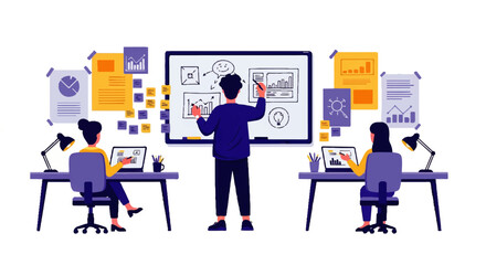 A team collaborates on a whiteboard, brainstorming ideas and strategies for a new project, creating a dynamic and energetic atmosphere in their modern office.