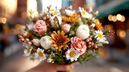 A hand holds a vibrant and colorful bouquet filled with seasonal flowers, radiating beauty and freshness in a lively urban setting that reflects nature's artistry.