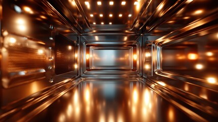 An interior view of a modern microwave oven, illuminated with soft lighting that highlights its sleek design and contemporary features, representing innovation in kitchen technology.