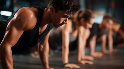 Group workout focusing on push-ups in a fitness studio during an evening session