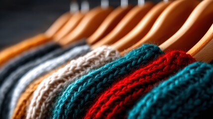A cozy display of colorful knitted sweaters hanging neatly on a rack, showcasing vibrant textures and patterns ideal for winter fashion and warm clothing lovers.