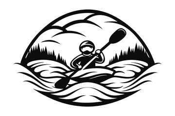 Black Kayaker with Paddle on River Surrounded by Trees with White Background