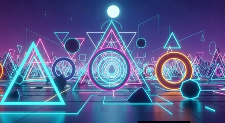 A vibrant neon geometric landscape with glowing triangles, circles, and spheres against a starry purple sky.