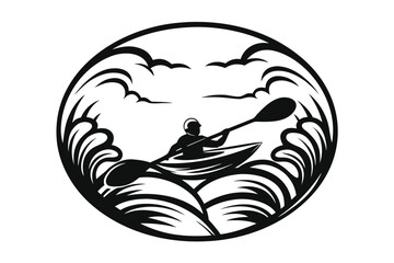 Kayaker Paddling in Waves, Circular Black and White Silhouette on White Background