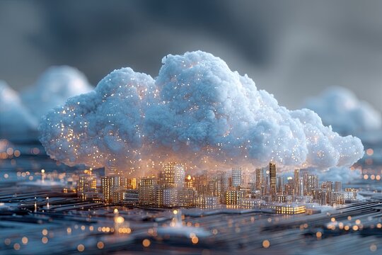 Futuristic smart city under a glowing digital data cloud concept.